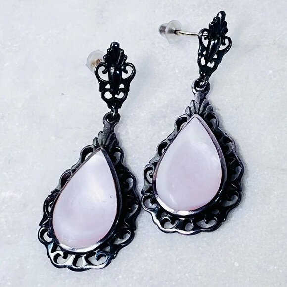 Vintage Boma 925 Silver Lavender Pink MOP Iridescent Post Earrings Art Deco - Picture 3 of 7